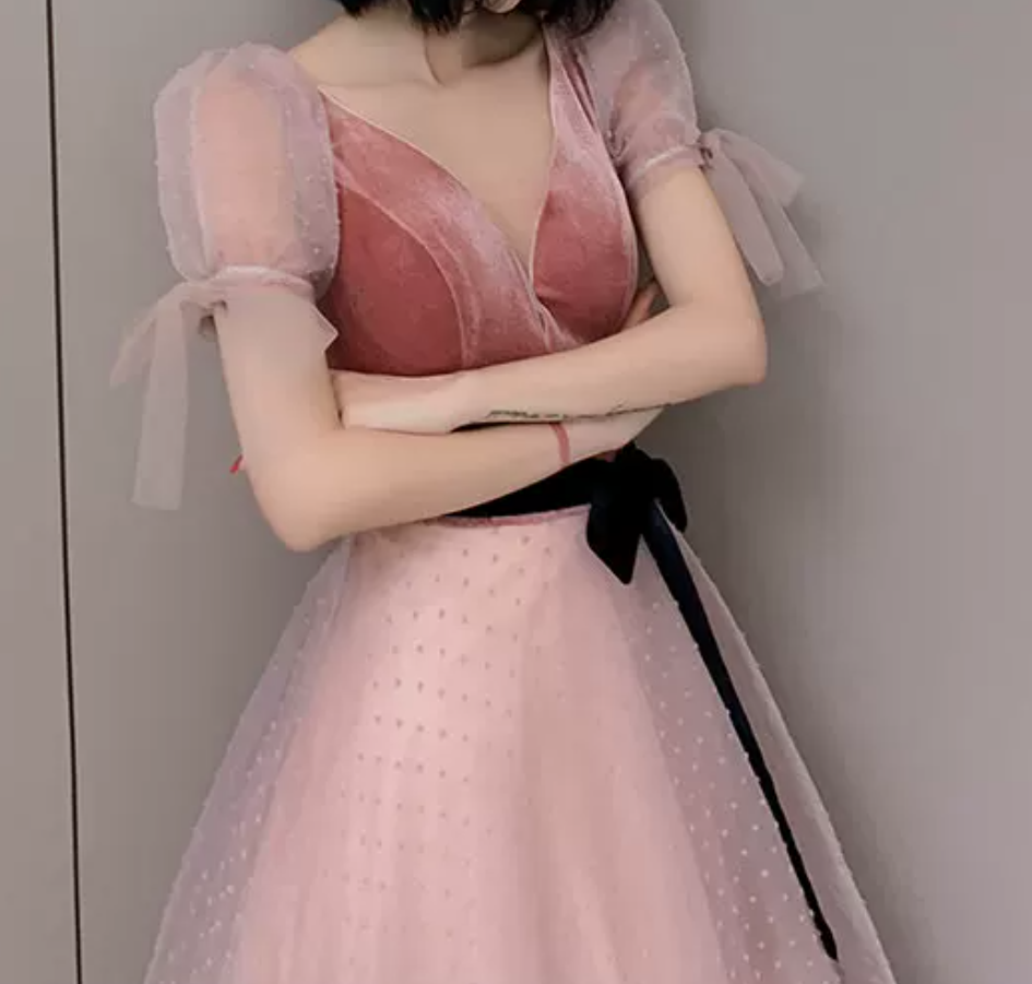 Trendy V Neck Bows Pink Prom Dress Short Sleeve Dots Tulle A-Line Evening Dress C9008
