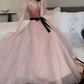 Trendy V Neck Bows Pink Prom Dress Short Sleeve Dots Tulle A-Line Evening Dress C9008