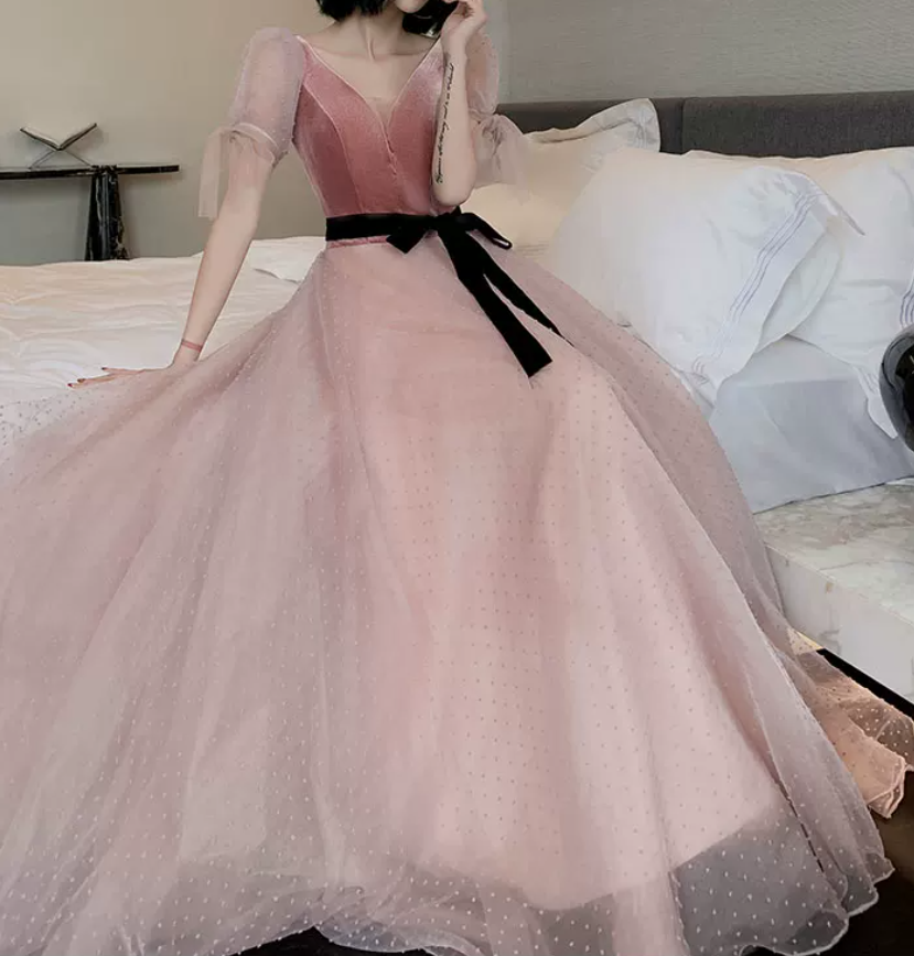 Trendy V Neck Bows Pink Prom Dress Short Sleeve Dots Tulle A-Line Evening Dress C9008