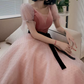 Trendy V Neck Bows Pink Prom Dress Short Sleeve Dots Tulle A-Line Evening Dress C9008