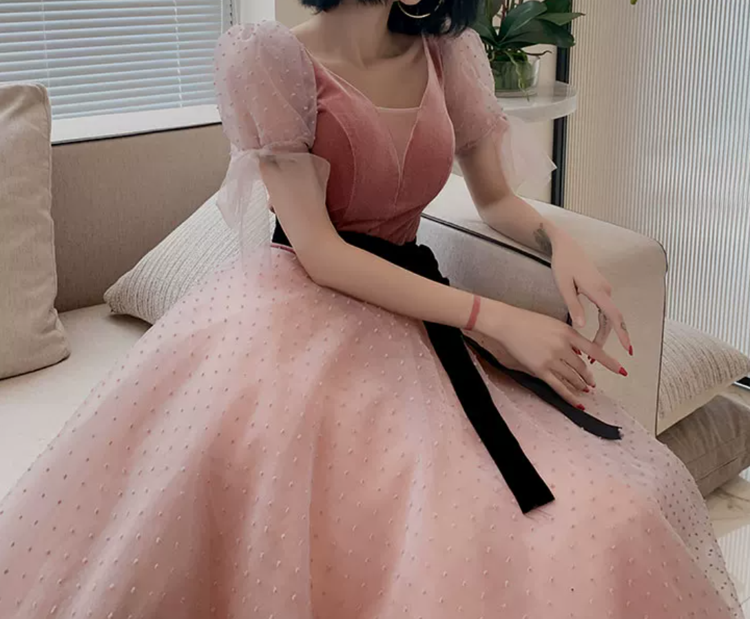 Trendy V Neck Bows Pink Prom Dress Short Sleeve Dots Tulle A-Line Evening Dress C9008