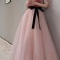 Trendy V Neck Bows Pink Prom Dress Short Sleeve Dots Tulle A-Line Evening Dress C9008