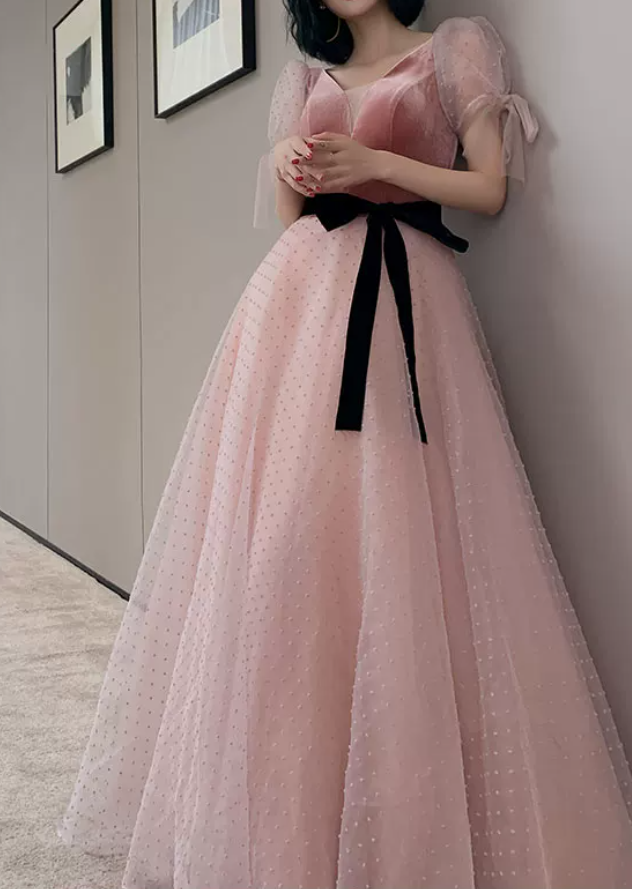 Trendy V Neck Bows Pink Prom Dress Short Sleeve Dots Tulle A-Line Evening Dress C9008
