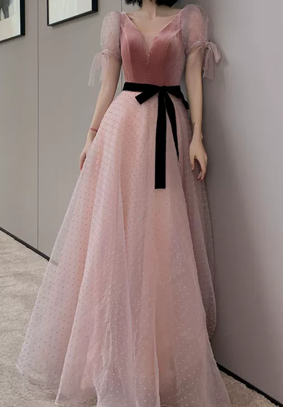 Trendy V Neck Bows Pink Prom Dress Short Sleeve Dots Tulle A-Line Evening Dress C9008
