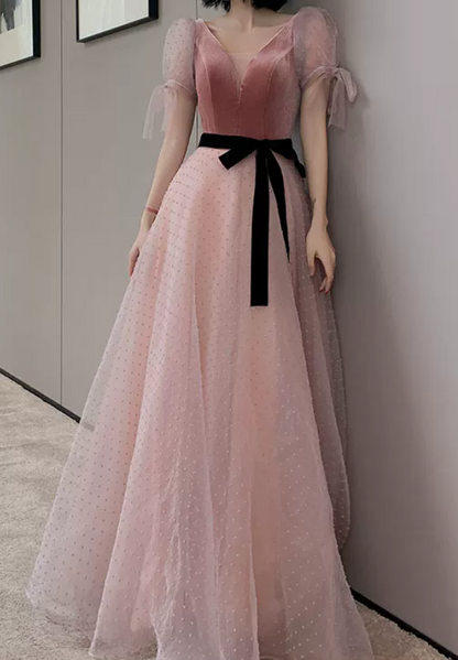 Trendy V Neck Bows Pink Prom Dress Short Sleeve Dots Tulle A-Line Evening Dress C9008