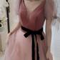 Trendy V Neck Bows Pink Prom Dress Short Sleeve Dots Tulle A-Line Evening Dress C9008