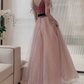 Trendy V Neck Bows Pink Prom Dress Short Sleeve Dots Tulle A-Line Evening Dress C9008