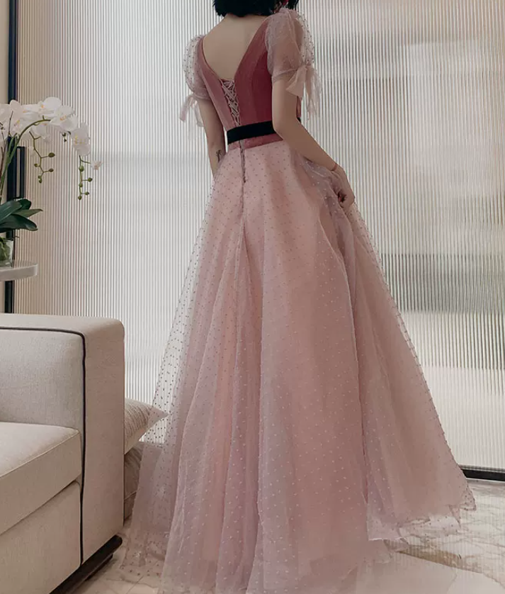 Trendy V Neck Bows Pink Prom Dress Short Sleeve Dots Tulle A-Line Evening Dress C9008