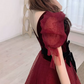 Classical V Neck Bows Red Prom Dress Short Sleeve Dots Tulle A-Line Evening Dress C9009