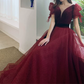 Classical V Neck Bows Red Prom Dress Short Sleeve Dots Tulle A-Line Evening Dress C9009