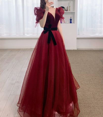 Classical V Neck Bows Red Prom Dress Short Sleeve Dots Tulle A-Line Evening Dress C9009