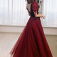 Classical V Neck Bows Red Prom Dress Short Sleeve Dots Tulle A-Line Evening Dress C9009