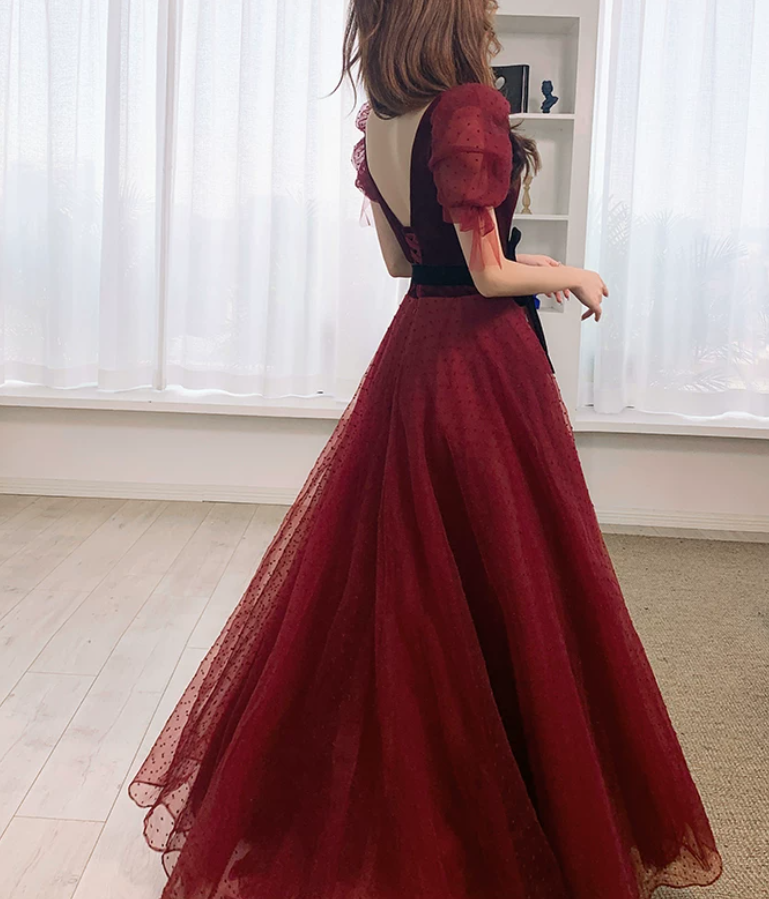 Classical V Neck Bows Red Prom Dress Short Sleeve Dots Tulle A-Line Evening Dress C9009