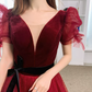 Classical V Neck Bows Red Prom Dress Short Sleeve Dots Tulle A-Line Evening Dress C9009