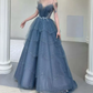 Glittering Off-Shoulder Blue Prom Dress Sequins Tulle Tiered A-Line Evening Dress C9010