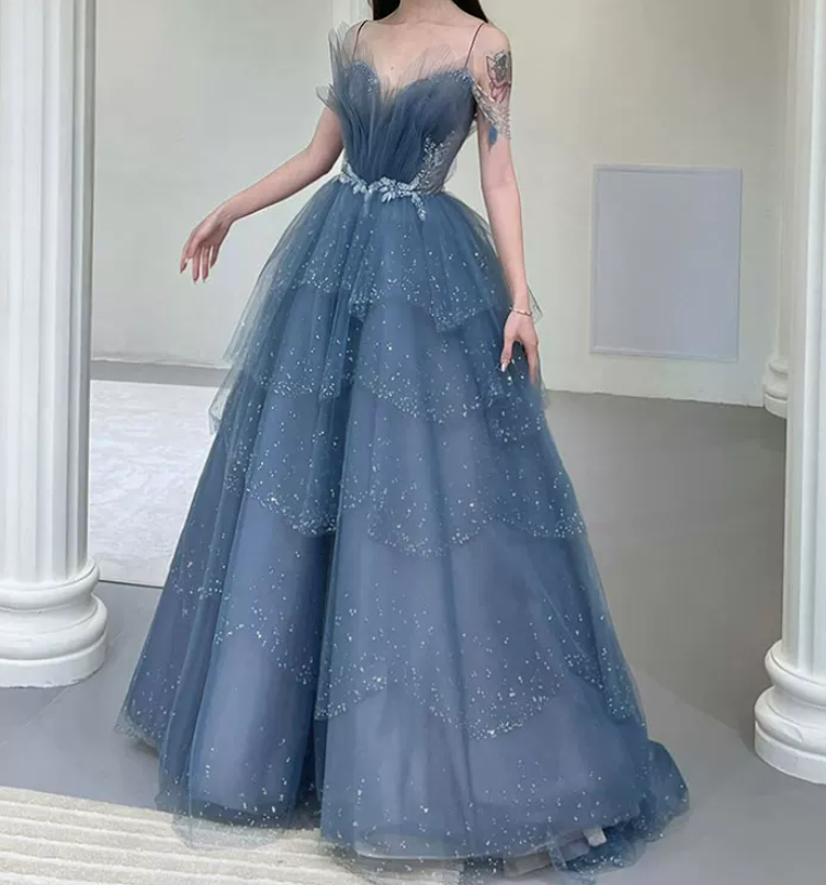 Glittering Off-Shoulder Blue Prom Dress Sequins Tulle Tiered A-Line Evening Dress C9010