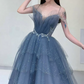 Glittering Off-Shoulder Blue Prom Dress Sequins Tulle Tiered A-Line Evening Dress C9010