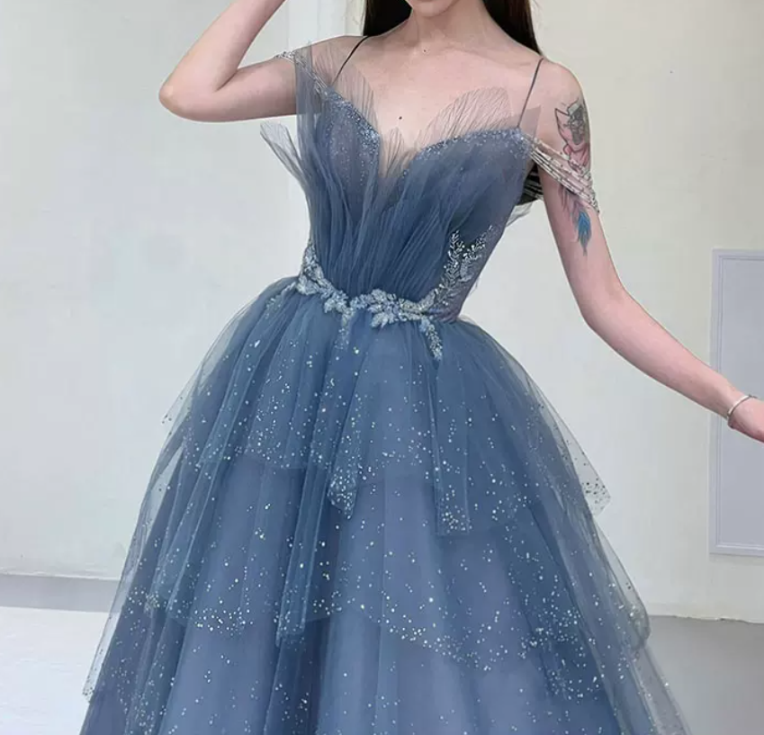 Glittering Off-Shoulder Blue Prom Dress Sequins Tulle Tiered A-Line Evening Dress C9010