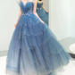 Glittering Off-Shoulder Blue Prom Dress Sequins Tulle Tiered A-Line Evening Dress C9010