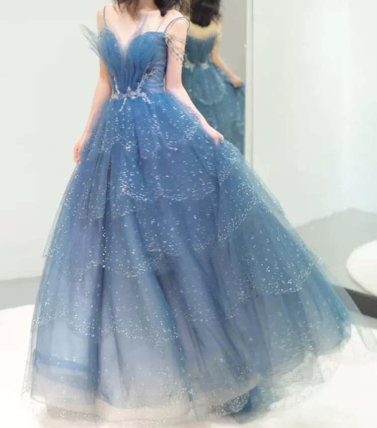 Glittering Off-Shoulder Blue Prom Dress Sequins Tulle Tiered A-Line Evening Dress C9010