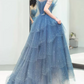 Glittering Off-Shoulder Blue Prom Dress Sequins Tulle Tiered A-Line Evening Dress C9010