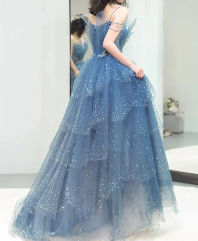 Glittering Off-Shoulder Blue Prom Dress Sequins Tulle Tiered A-Line Evening Dress C9010
