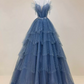 Glittering Off-Shoulder Blue Prom Dress Sequins Tulle Tiered A-Line Evening Dress C9010