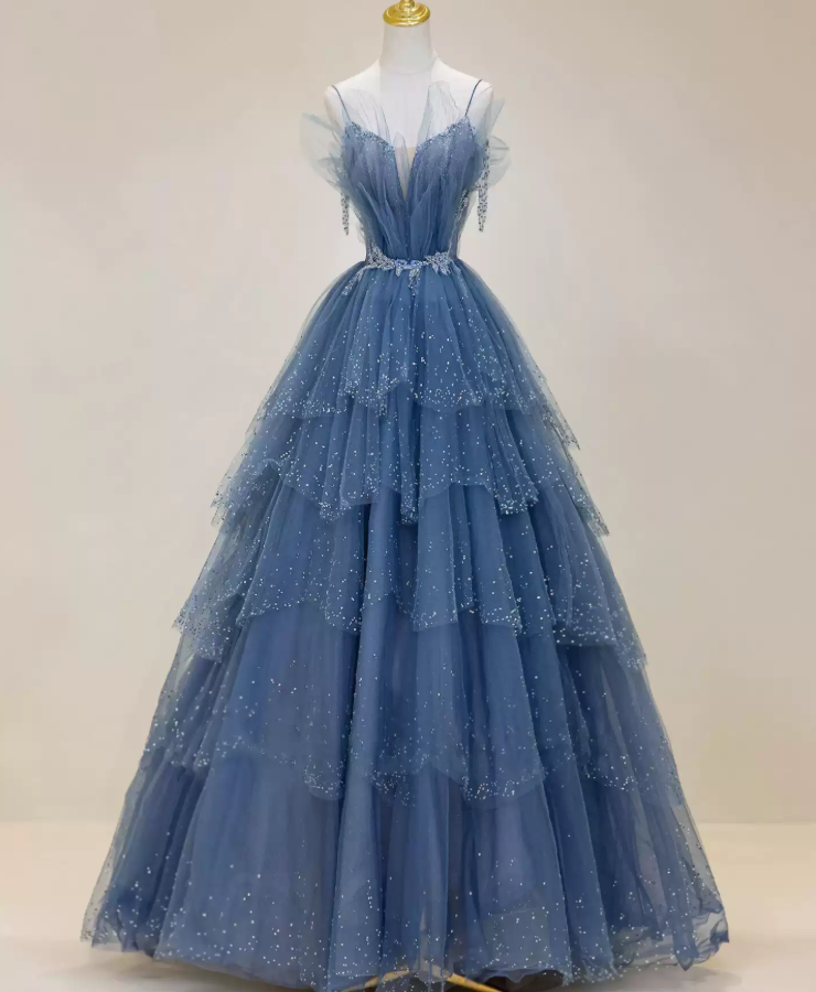 Glittering Off-Shoulder Blue Prom Dress Sequins Tulle Tiered A-Line Evening Dress C9010