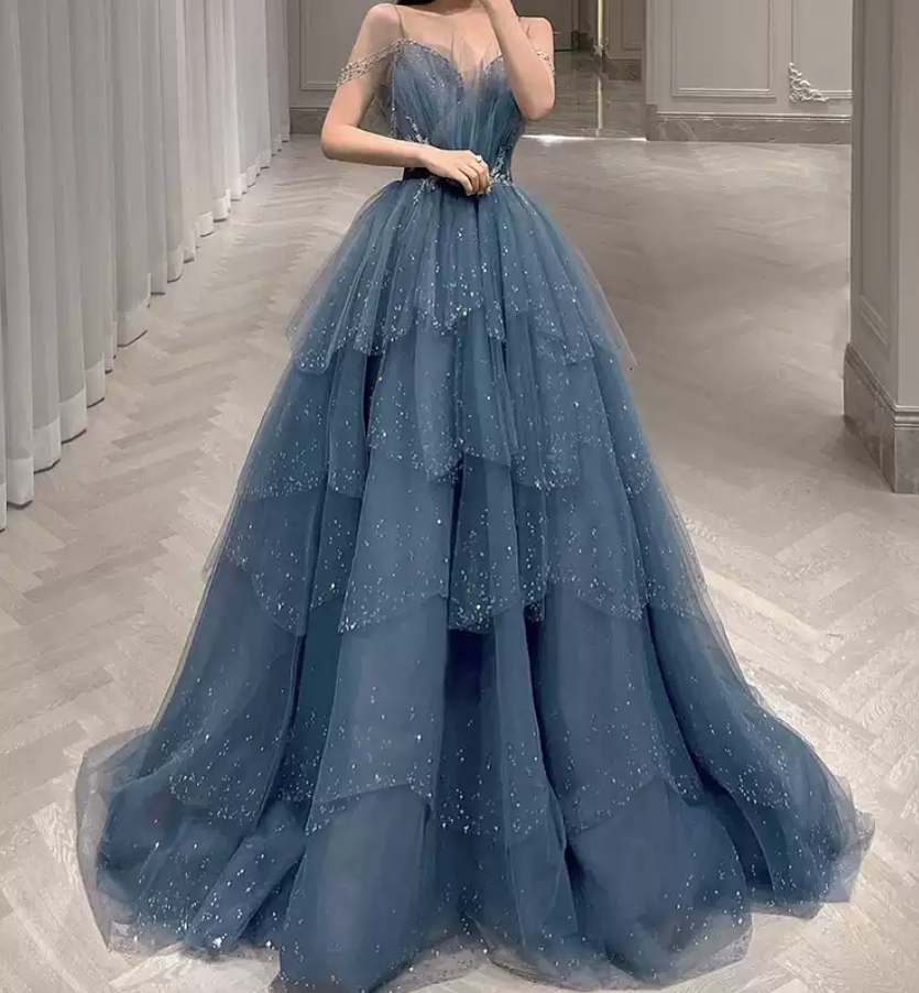 Glittering Off-Shoulder Blue Prom Dress Sequins Tulle Tiered A-Line Evening Dress C9010