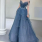 Glittering Off-Shoulder Blue Prom Dress Sequins Tulle Tiered A-Line Evening Dress C9010