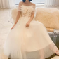 Unique Short Sleeve Off-Shoulder Wedding Dresses Appliques Tulle A-Line Bridal Dress C9011