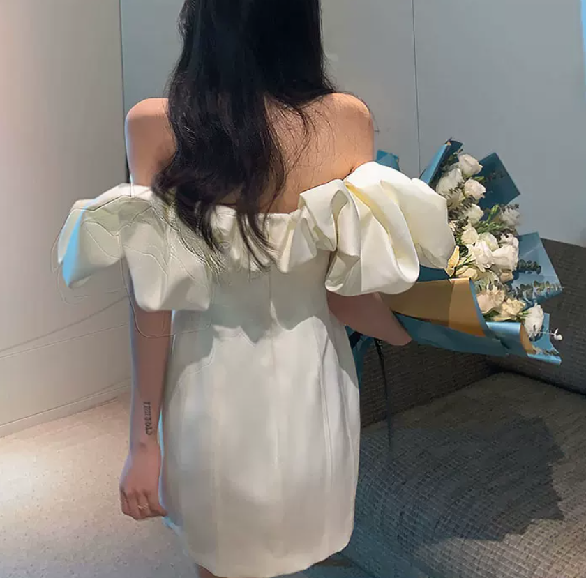 Sleek Ruffled Off-Shoulder Homecoming Dress Satin Sheath Birthday Dress C9012
