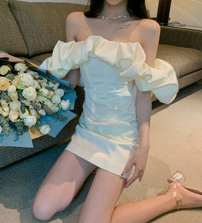 Sleek Ruffled Off-Shoulder Homecoming Dress Satin Sheath Birthday Dress C9012
