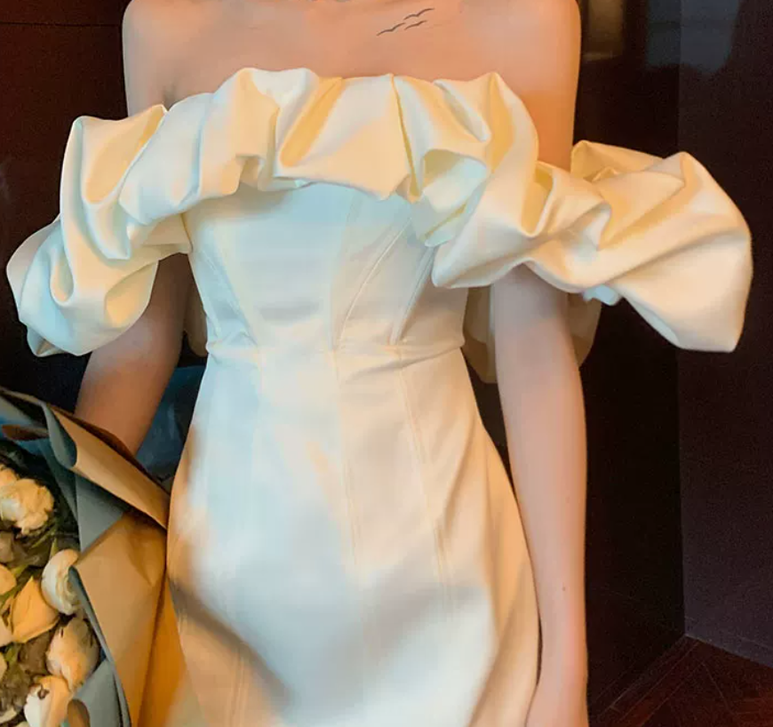 Sleek Ruffled Off-Shoulder Homecoming Dress Satin Sheath Birthday Dress C9012