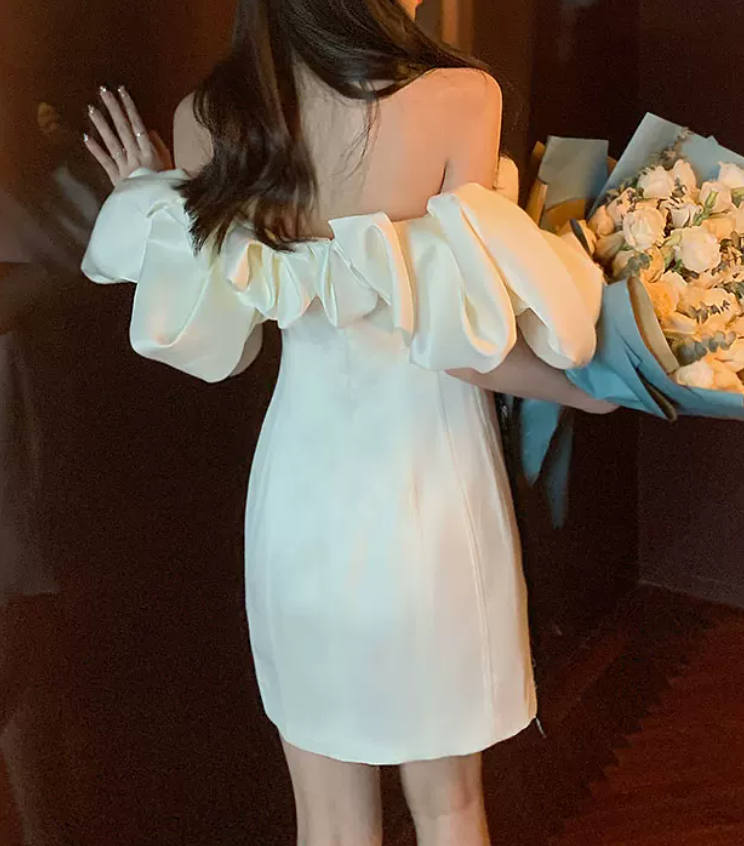 Sleek Ruffled Off-Shoulder Homecoming Dress Satin Sheath Birthday Dress C9012