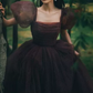 Vintage Short Sleeve Brown Prom Dress Polka Dots Tulle A-Line Evening Dress C9013