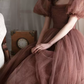 Vintage Short Sleeve Brown Prom Dress Polka Dots Tulle A-Line Evening Dress C9013