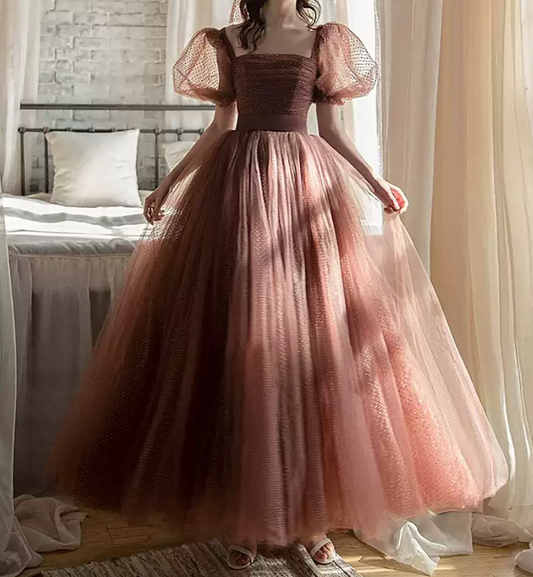 Vintage Short Sleeve Brown Prom Dress Polka Dots Tulle A-Line Evening Dress C9013