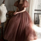 Vintage Short Sleeve Brown Prom Dress Polka Dots Tulle A-Line Evening Dress C9013