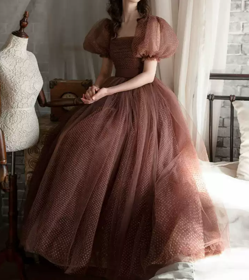 Vintage Short Sleeve Brown Prom Dress Polka Dots Tulle A-Line Evening Dress C9013
