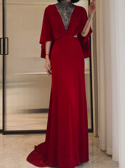 Sleek High Collar Red Prom Dress Sequins Sheath Evening Dress C9015