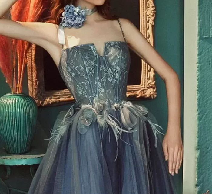 Chic Spaghetti Straps Bodice Prom Dress Blue Tulle A-Line Evening Dress C9018