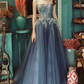 Chic Spaghetti Straps Bodice Prom Dress Blue Tulle A-Line Evening Dress C9018