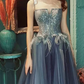 Chic Spaghetti Straps Bodice Prom Dress Blue Tulle A-Line Evening Dress C9018