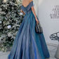 Vintage Off-Shoulder Blue Prom Dress Sequins A-Line Evening Dress C9020