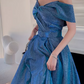 Vintage Off-Shoulder Blue Prom Dress Sequins A-Line Evening Dress C9020