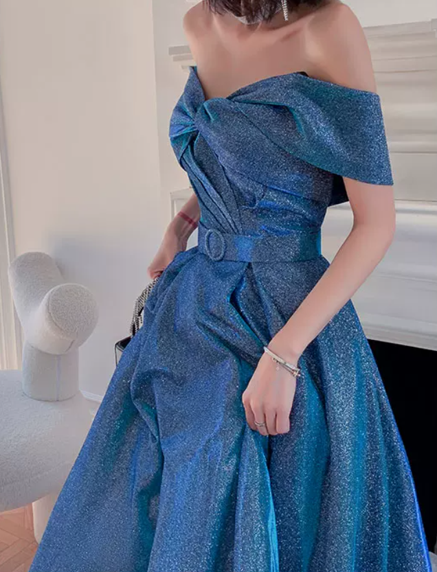 Vintage Off-Shoulder Blue Prom Dress Sequins A-Line Evening Dress C9020