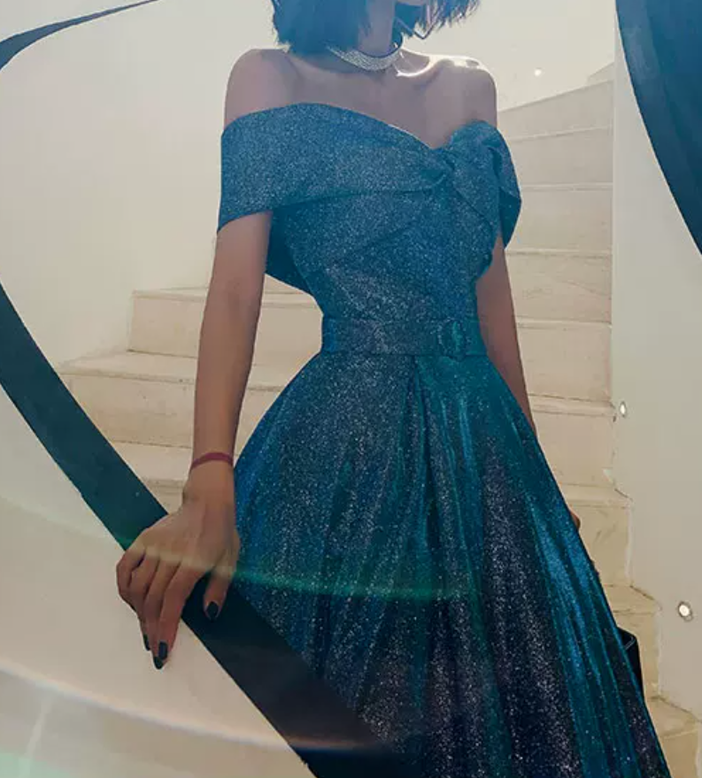 Vintage Off-Shoulder Blue Prom Dress Sequins A-Line Evening Dress C9020
