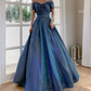 Vintage Off-Shoulder Blue Prom Dress Sequins A-Line Evening Dress C9020