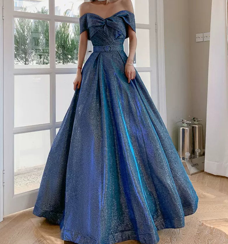 Vintage Off-Shoulder Blue Prom Dress Sequins A-Line Evening Dress C9020